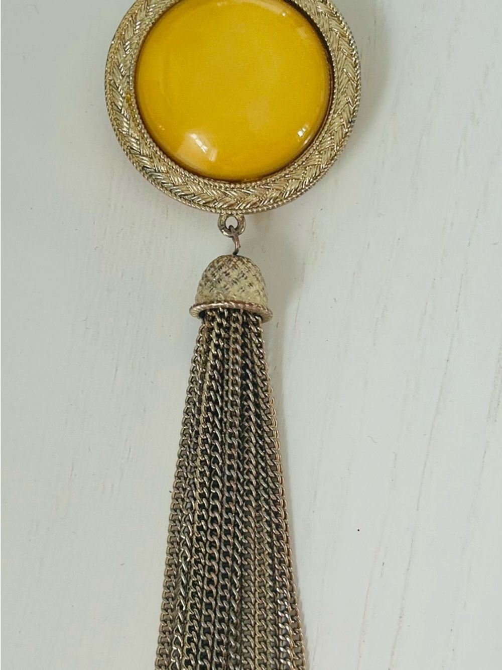 Vintage Tassel Pendant Necklace with Yellow Cabochon